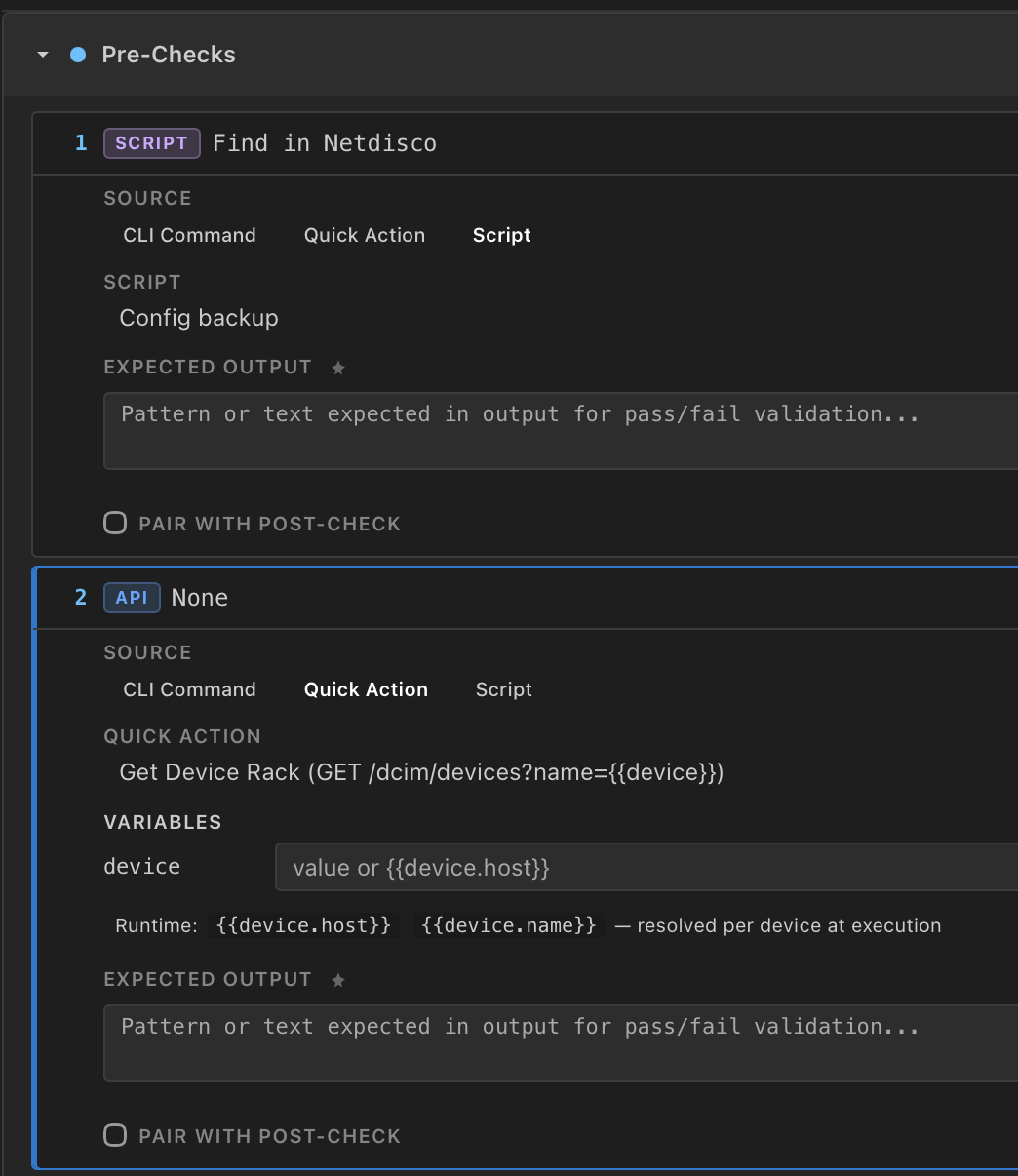 MOP pre-checks configuration showing Script and API Quick Call steps with expected output validation