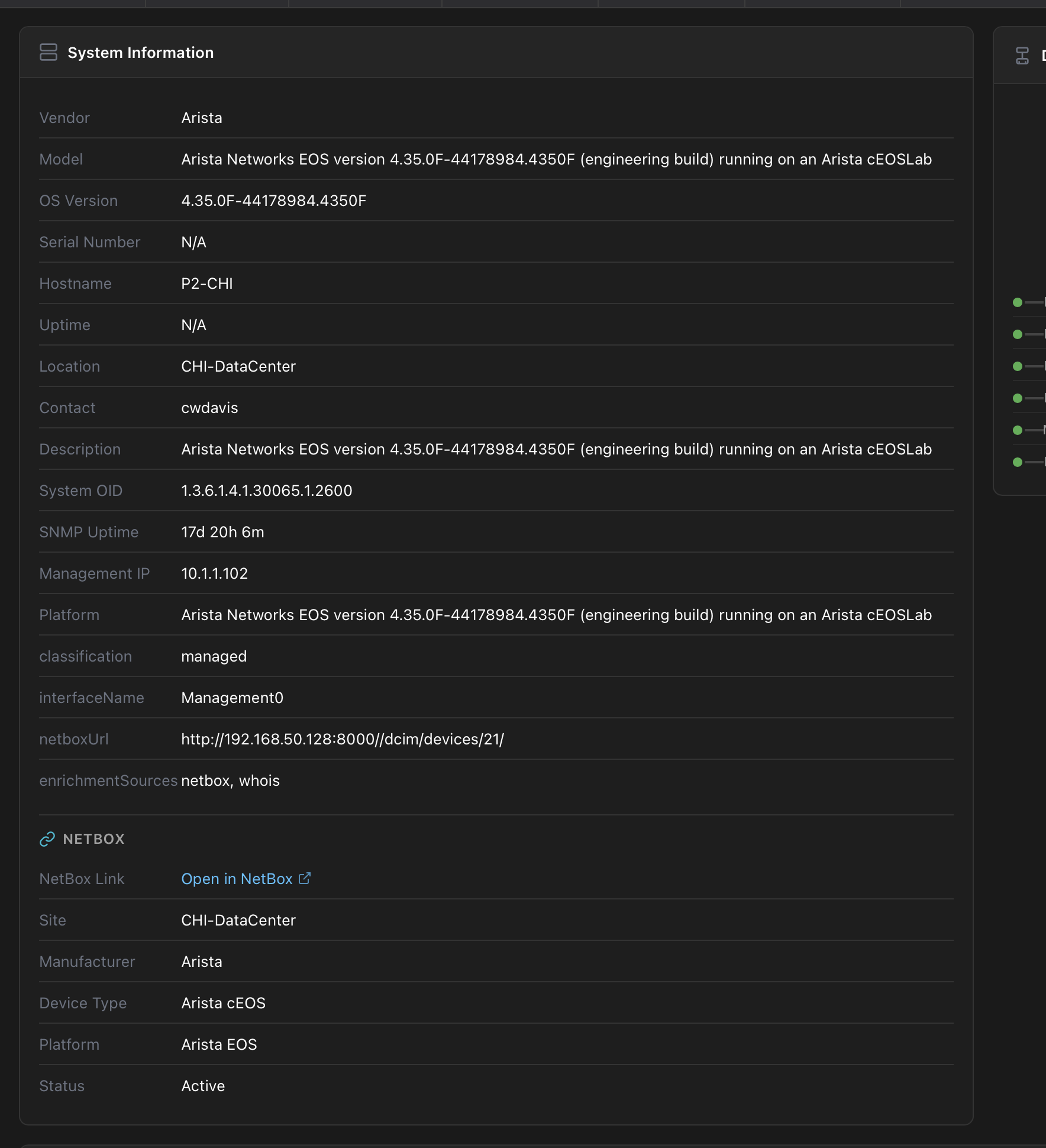 Device system information panel showing SNMP data, management IP, classification, and NetBox integration with direct link to the device in NetBox
