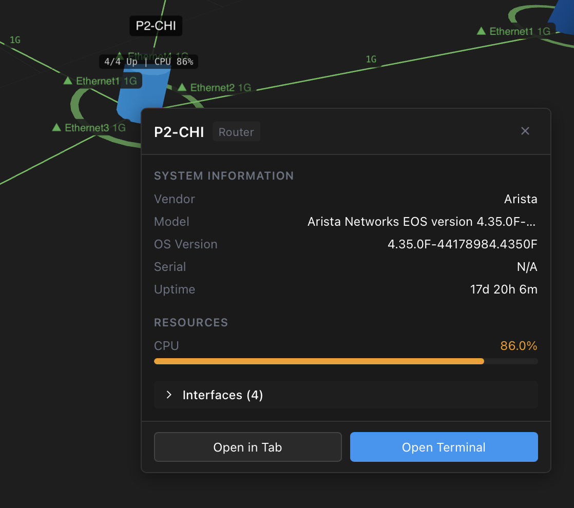 Device popup showing system information including vendor, model, OS version, CPU utilization, and Open Terminal button