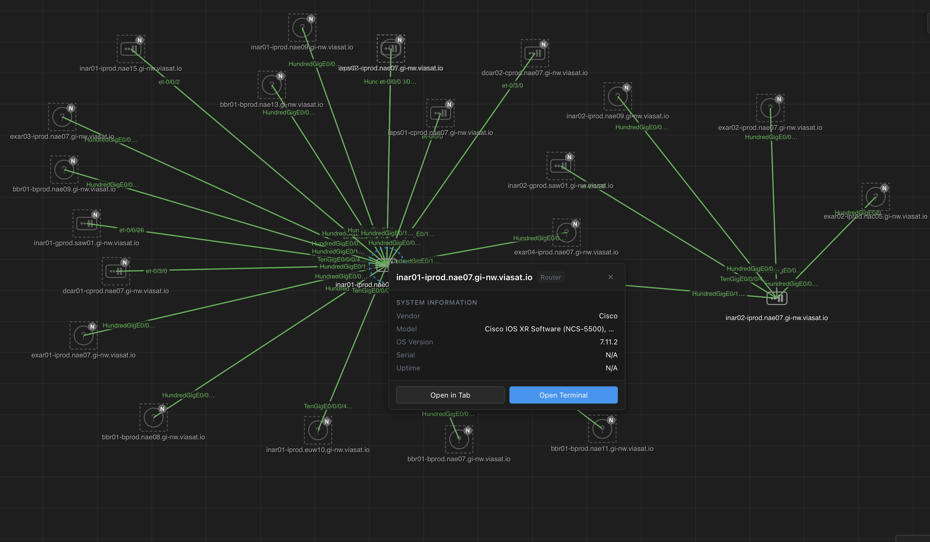 Large production network topology with dozens of devices showing LLDP-discovered links and device information popup